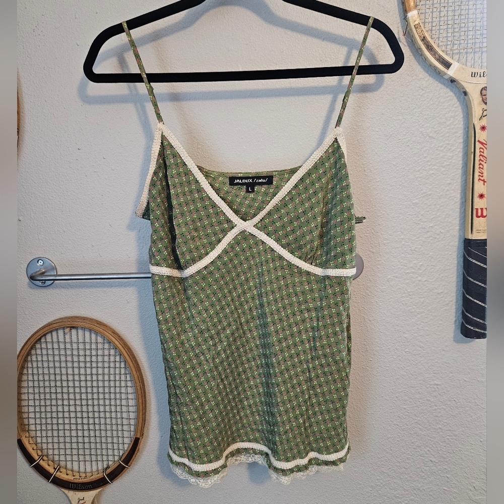 Jaloux/zalu 100% Silk Babydoll Green Lace Spaghetti Strap 90s Top Large Vintage